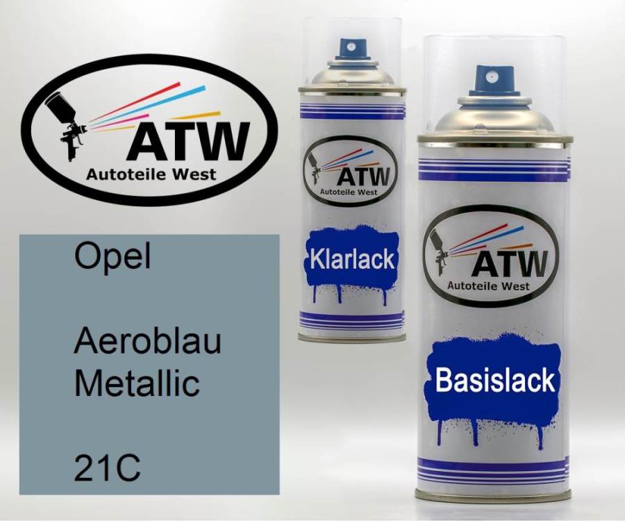 Opel, Aeroblau Metallic, 21C: 400ml Sprühdose + 400ml Klarlack - Set, von ATW Autoteile West.